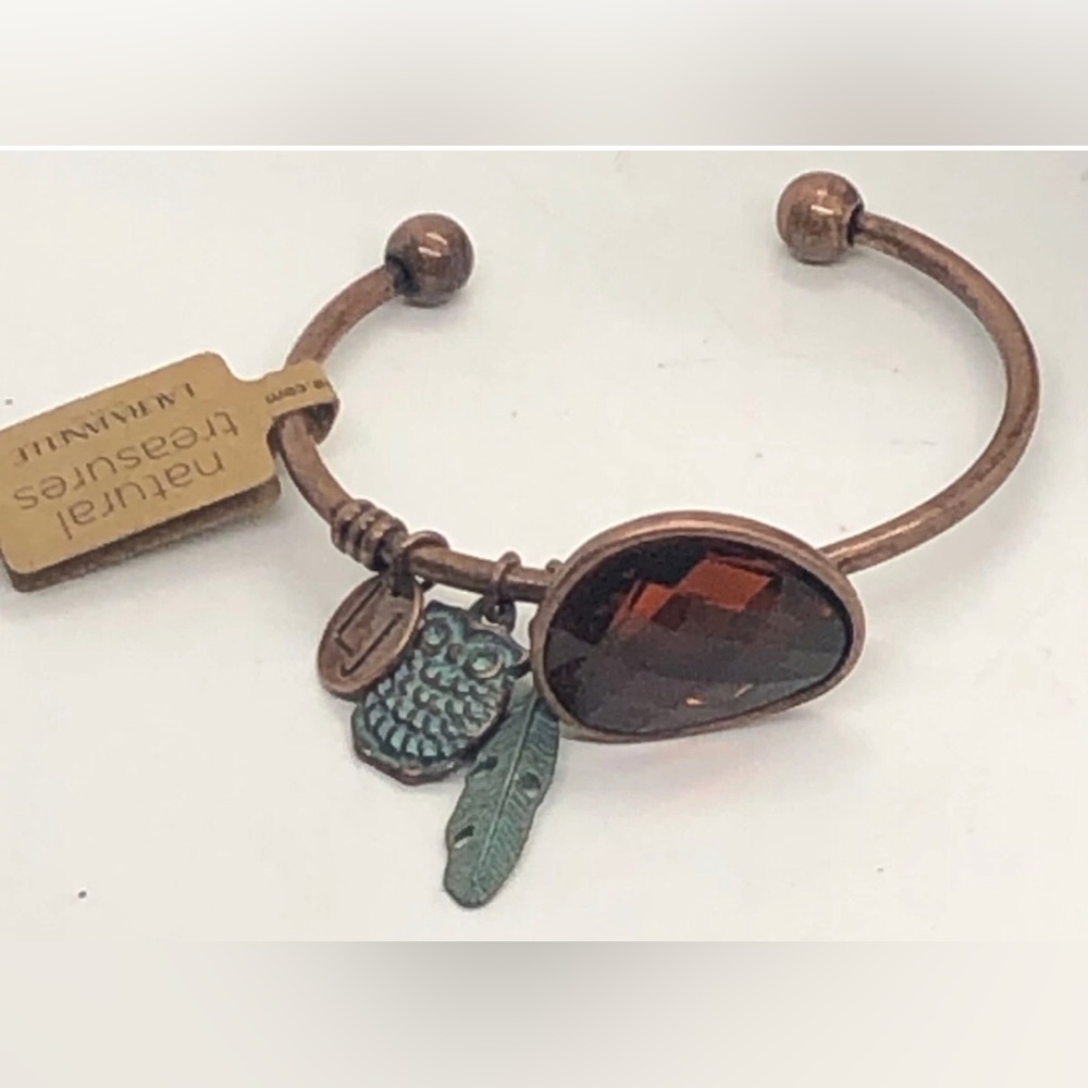 Natural Treasures Laura Janelle Amber Cuff Bracelet Owl Feather Charm Bronze